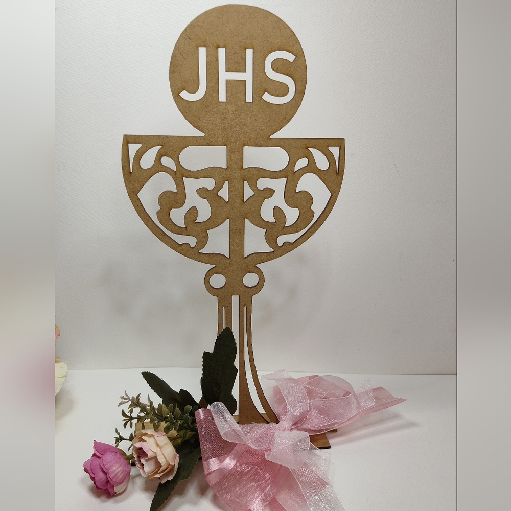 Holy Chalice Cake Topper. Wooden Grial First Holy Communion JHS Cake Topper. - Picture 2 of 8